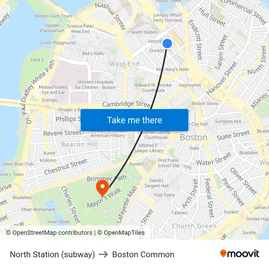 North Station (subway) to Boston Common map