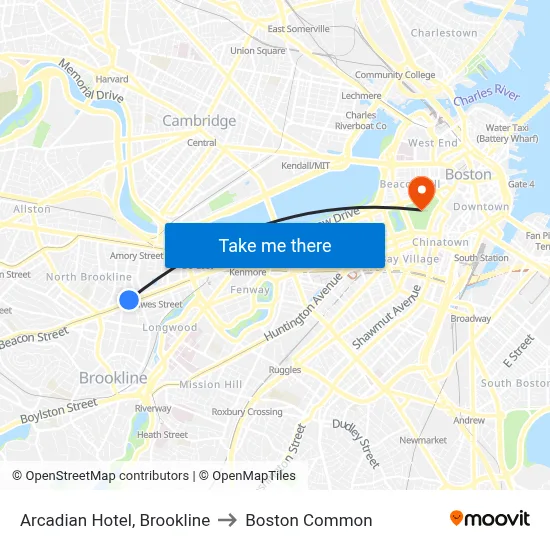 Arcadian Hotel, Brookline to Boston Common map