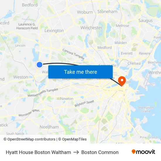 Hyatt House Boston Waltham to Boston Common map