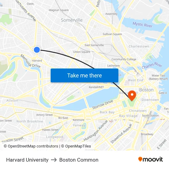 Harvard University to Boston Common map