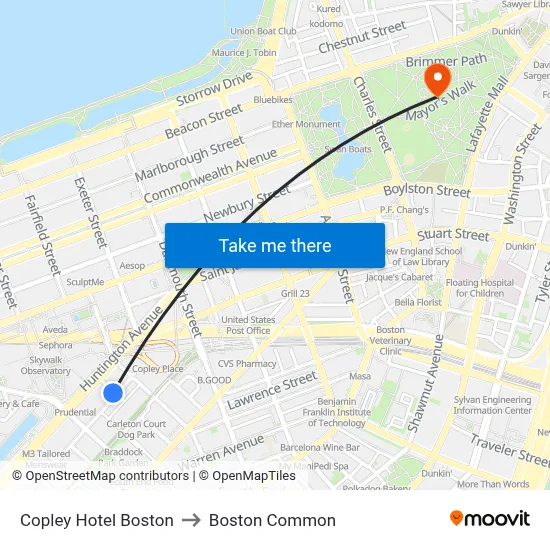 Copley Hotel Boston, 19 Garrison St to Boston Common map