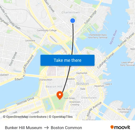 Bunker Hill Museum to Boston Common map