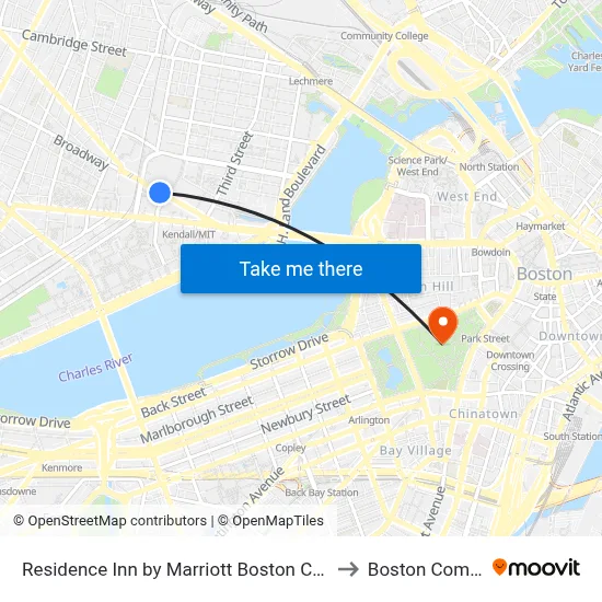 Residence Inn by Marriott Boston Cambridge, 6 Cambridge Ctr to Boston Common map
