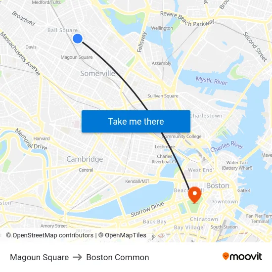 Magoun Square to Boston Common map