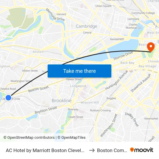 AC Hotel by Marriott Boston Cleveland Circle to Boston Common map