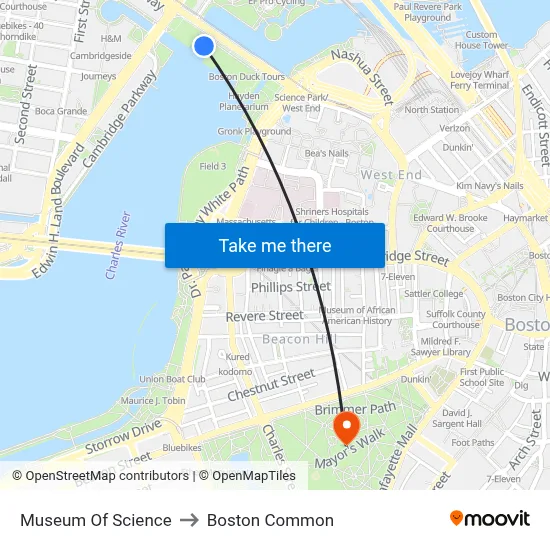 Museum Of Science to Boston Common map