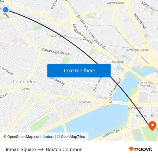 Inman Square to Boston Common map