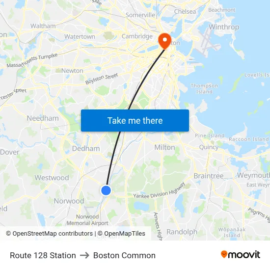 Route 128 Station to Boston Common map