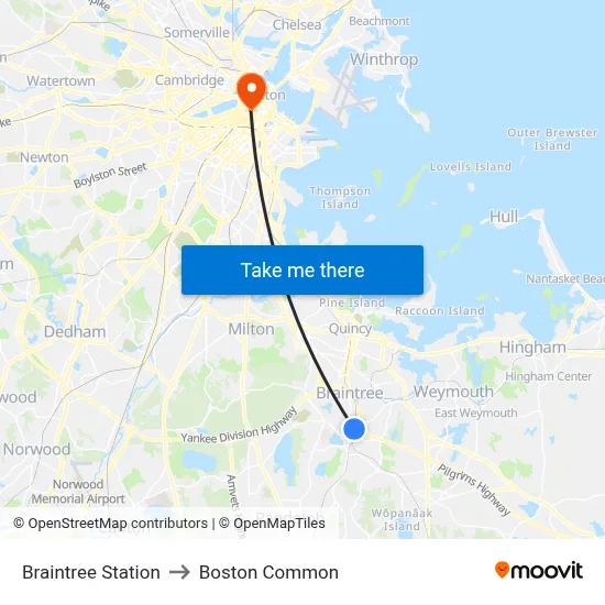 Braintree Station to Boston Common map