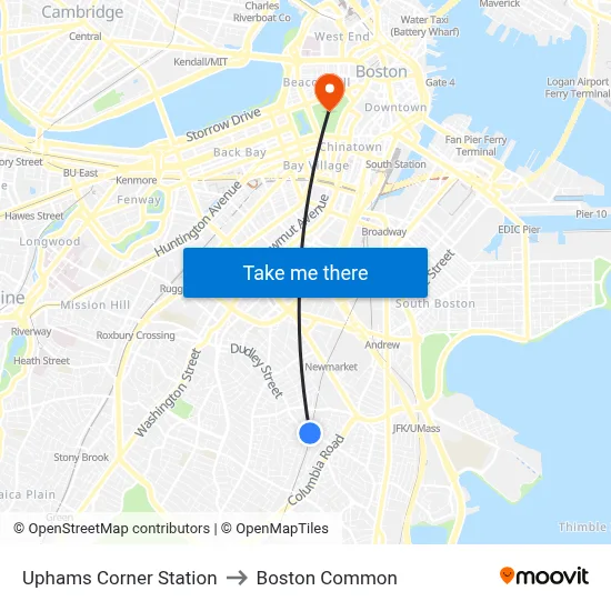 Uphams Corner Station to Boston Common map