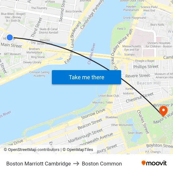 Boston Marriott Cambridge to Boston Common map
