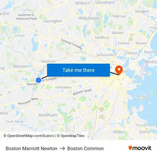 Boston Marriott Newton to Boston Common map