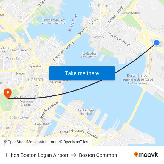 Hilton Boston Logan Airport to Boston Common map