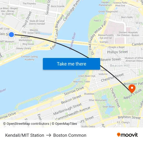 Kendall/MIT Station to Boston Common map