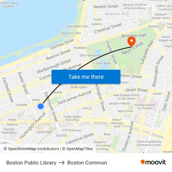 Boston Public Library to Boston Common map