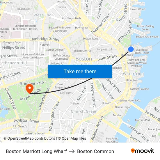 Boston Marriott Long Wharf to Boston Common map