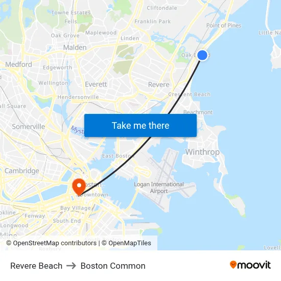 Revere Beach to Boston Common map