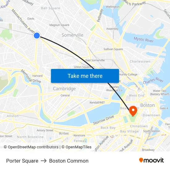Porter Square to Boston Common map