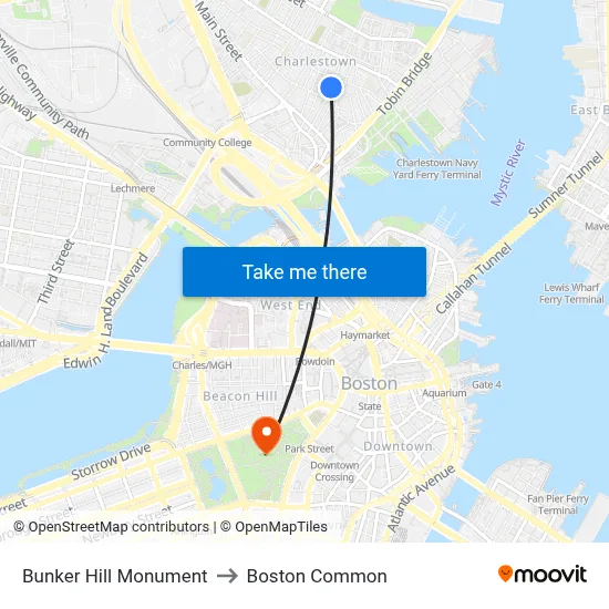 Bunker Hill Monument to Boston Common map