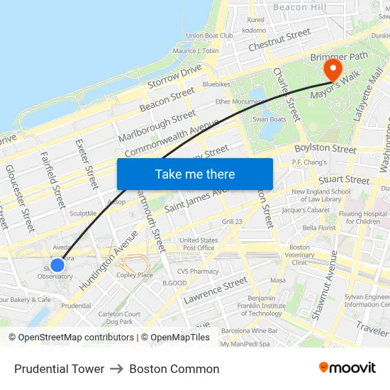 Prudential Tower to Boston Common map