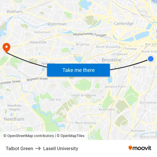 Talbot Green to Lasell University map