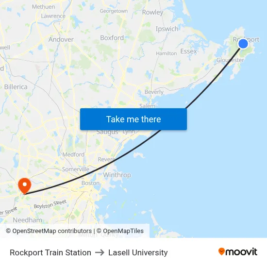 Rockport Train Station to Lasell University map