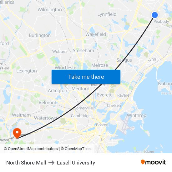 North Shore Mall to Lasell University map