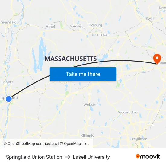 Springfield Union Station to Lasell University map