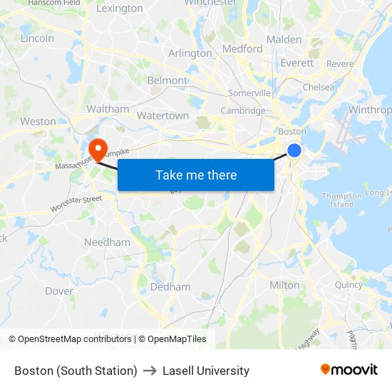 Boston (South Station) to Lasell University map
