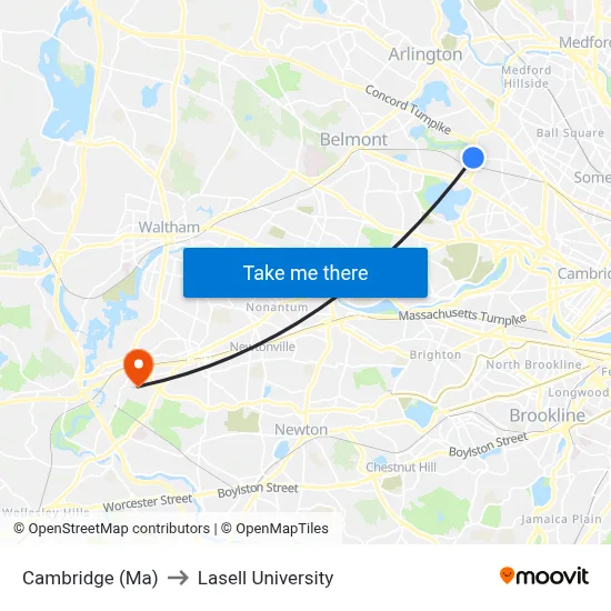 Cambridge (Ma) to Lasell University map
