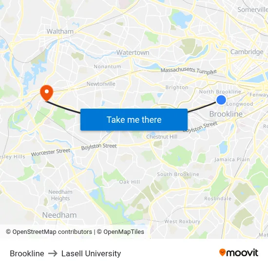 Brookline to Lasell University map