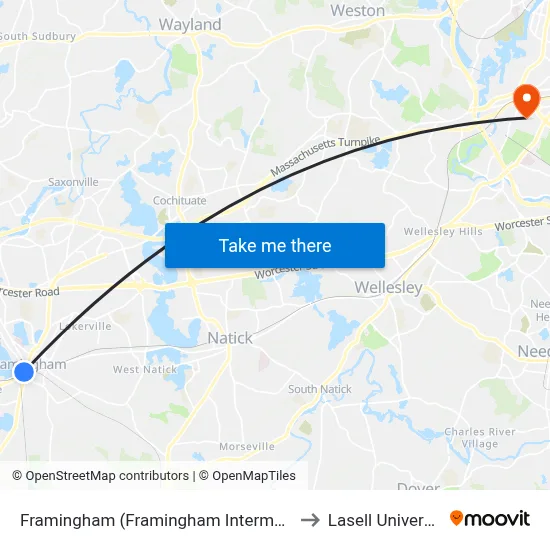 Framingham (Framingham Intermodal) to Lasell University map