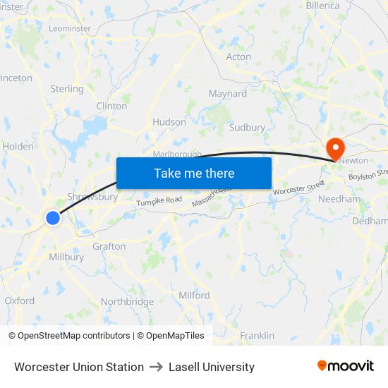 Worcester Union Station to Lasell University map