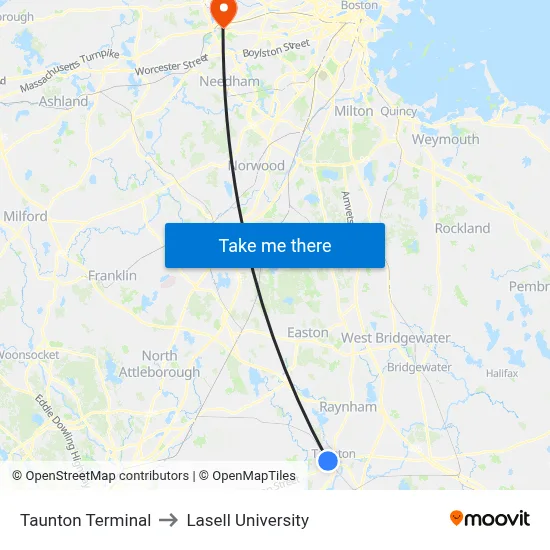 Taunton Terminal to Lasell University map