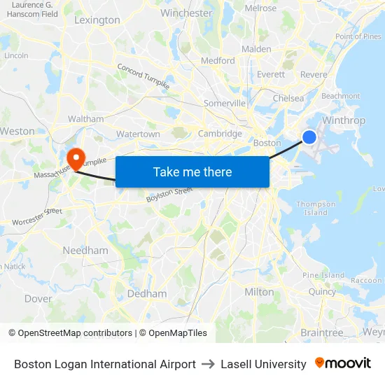 Boston Logan International Airport to Lasell University map