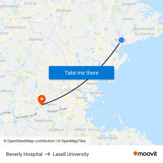 Beverly Hospital to Lasell University map