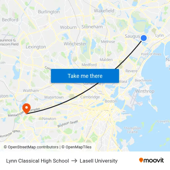 Lynn Classical High School to Lasell University map