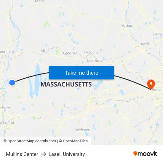 Mullins Center to Lasell University map