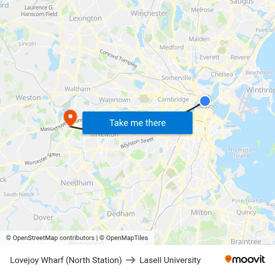 Lovejoy Wharf (North Station) to Lasell University map