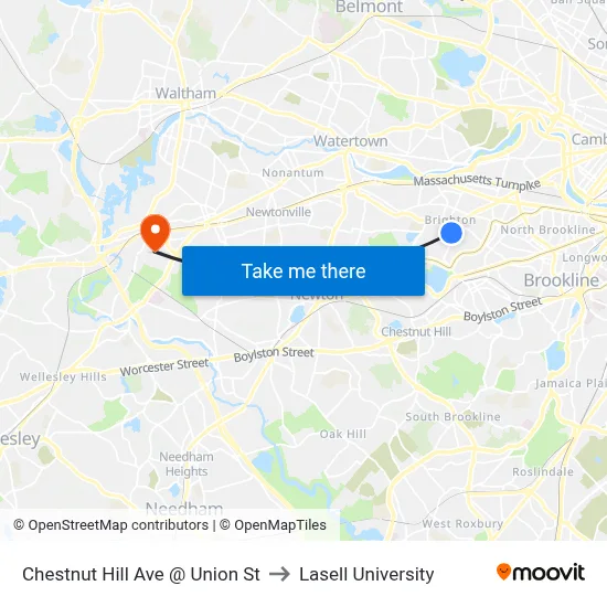 Chestnut Hill Ave @ Union St to Lasell University map