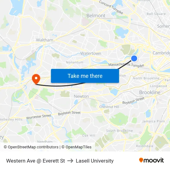 Western Ave @ Everett St to Lasell University map