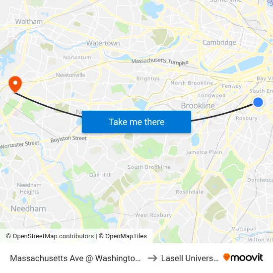 Massachusetts Ave @ Washington St to Lasell University map