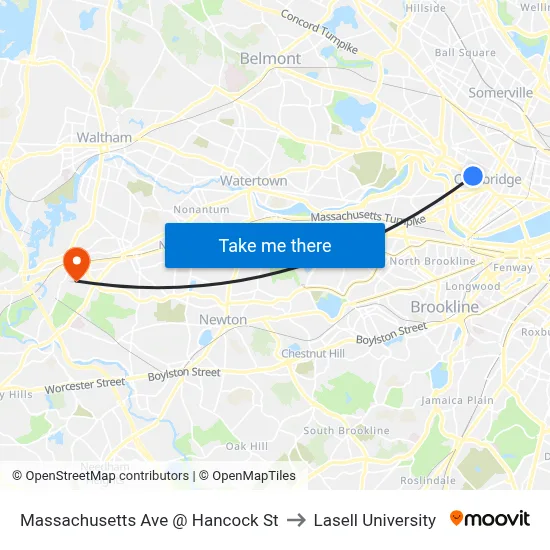 Massachusetts Ave @ Hancock St to Lasell University map