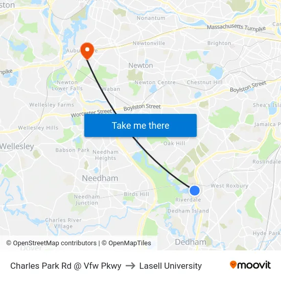 Charles Park Rd @ Vfw Pkwy to Lasell University map