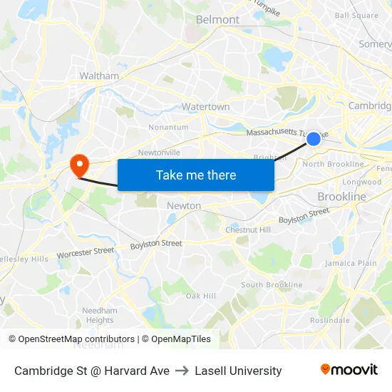 Cambridge St @ Harvard Ave to Lasell University map