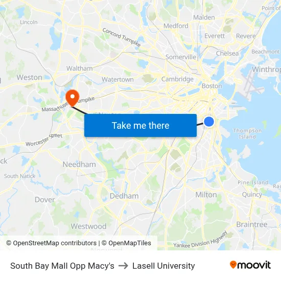 South Bay Mall Opp Macy's to Lasell University map