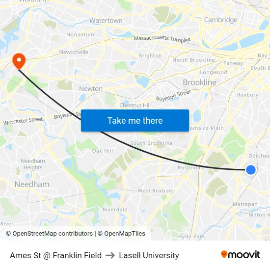 Ames St @ Franklin Field to Lasell University map