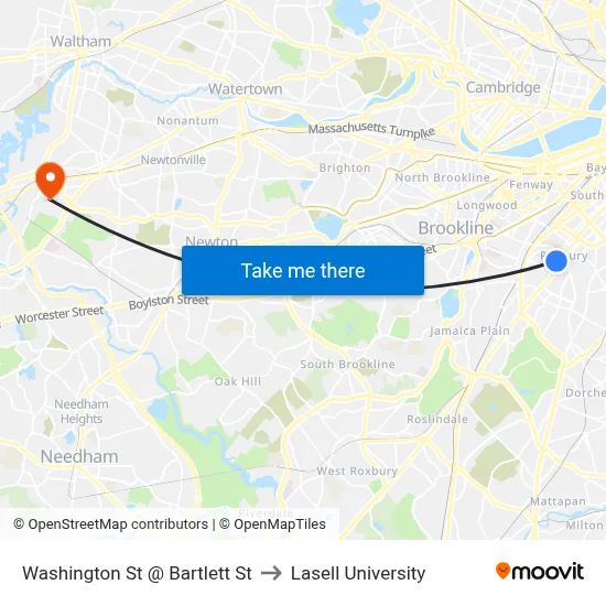 Washington St @ Bartlett St to Lasell University map