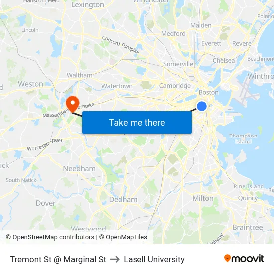 Tremont St @ Marginal St to Lasell University map