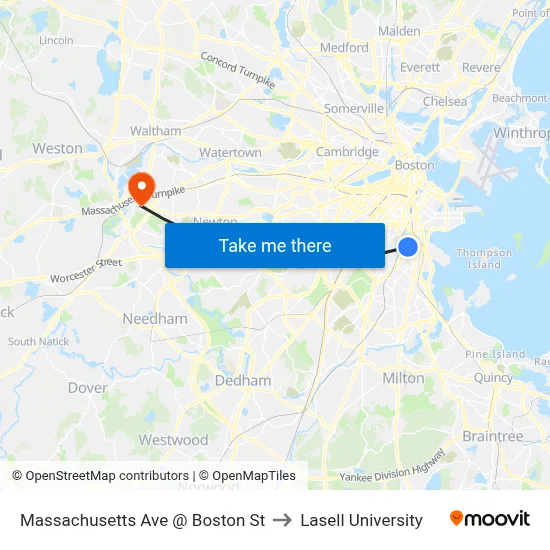 Massachusetts Ave @ Boston St to Lasell University map